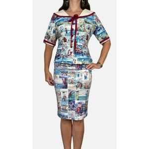 KITTEN DAMOUR By The Seaside Print Retro Wiggle Dress  &  Jacket Set